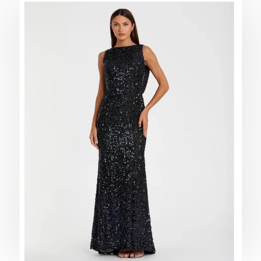 LEENA For MAC DUGGAL COWL BACK BOAT NECK SEQUINED GOWN Size 14